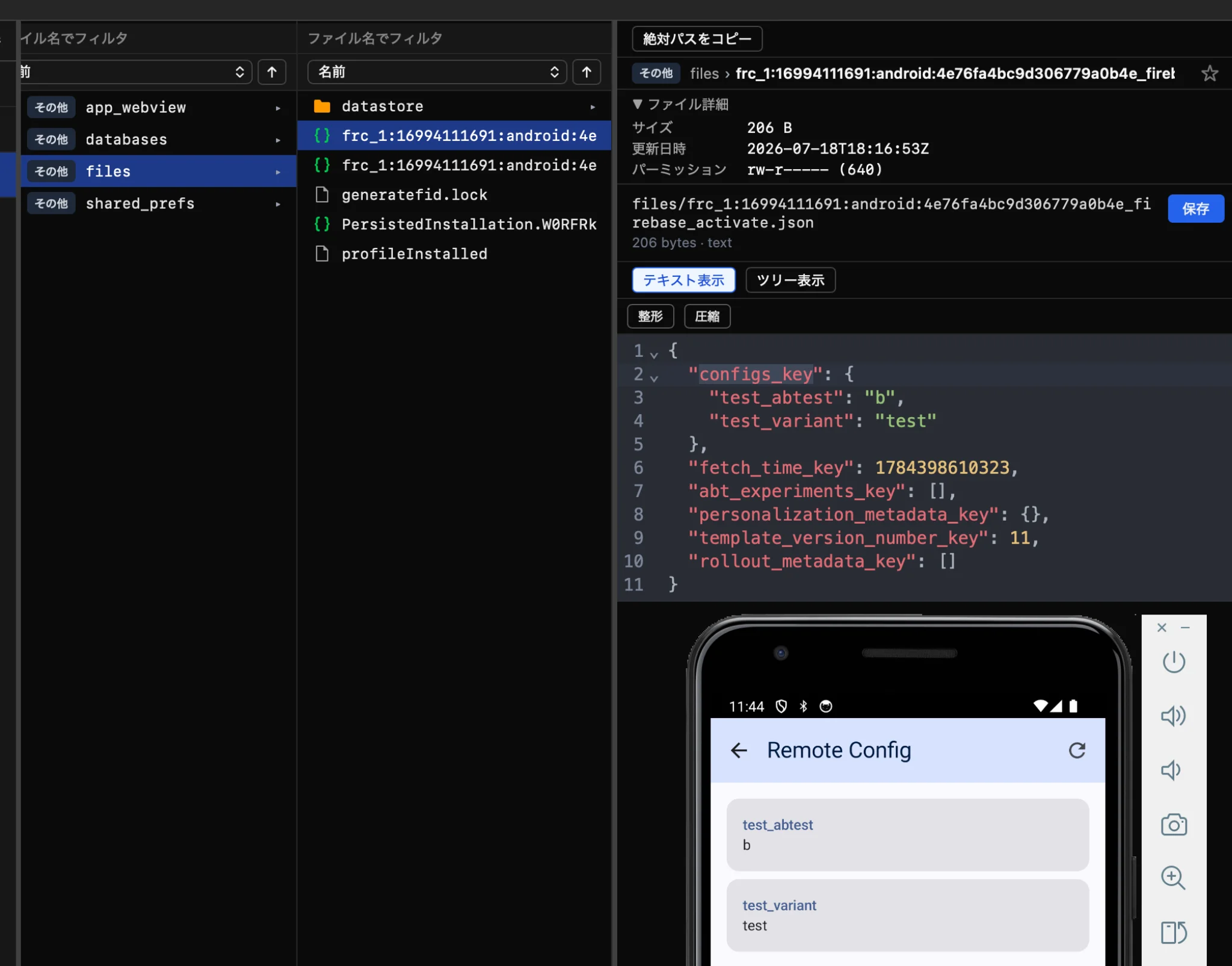 編集前: Firebase Remote Config のキャッシュ JSON で test_abtest が "b" test_variant が "test"