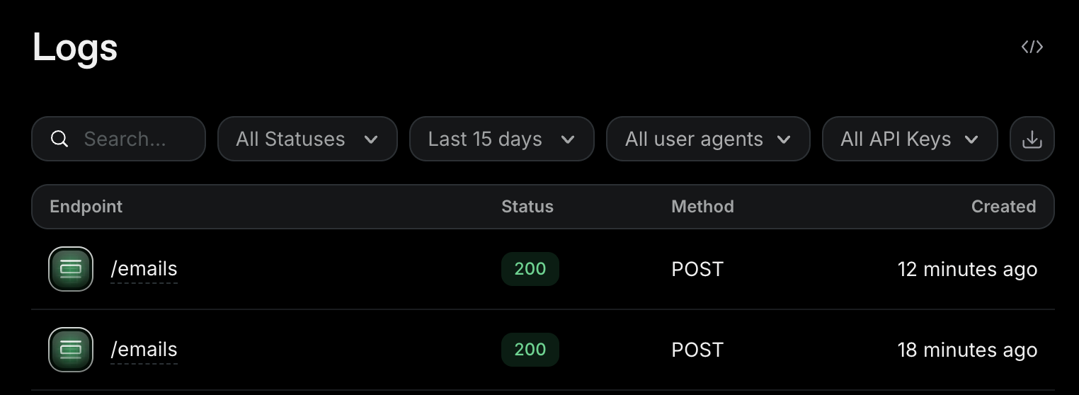 Resend ダッシュボードの Logs 画面。Gmail から送信したメールも API 経由で記録される