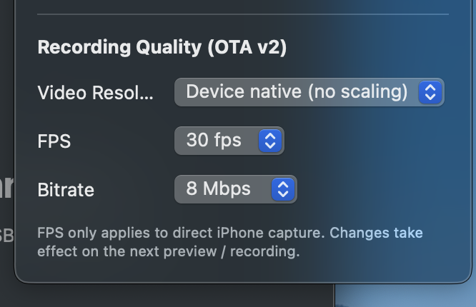 Recording Quality (OTA v2) と Video Resolution 表示