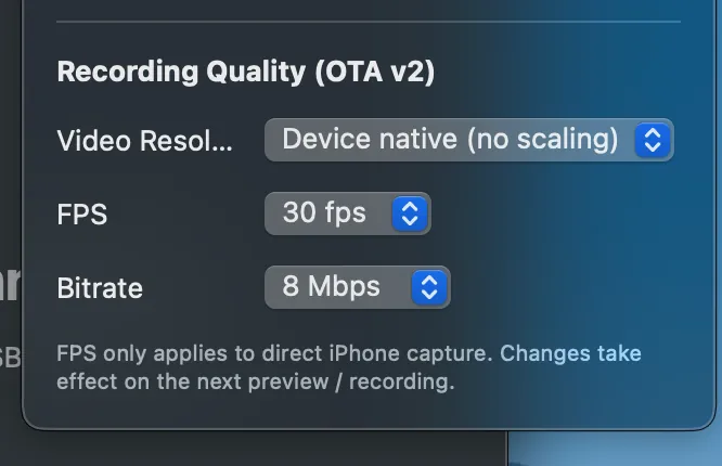 Recording Quality (OTA v2) と Video Resolution 表示