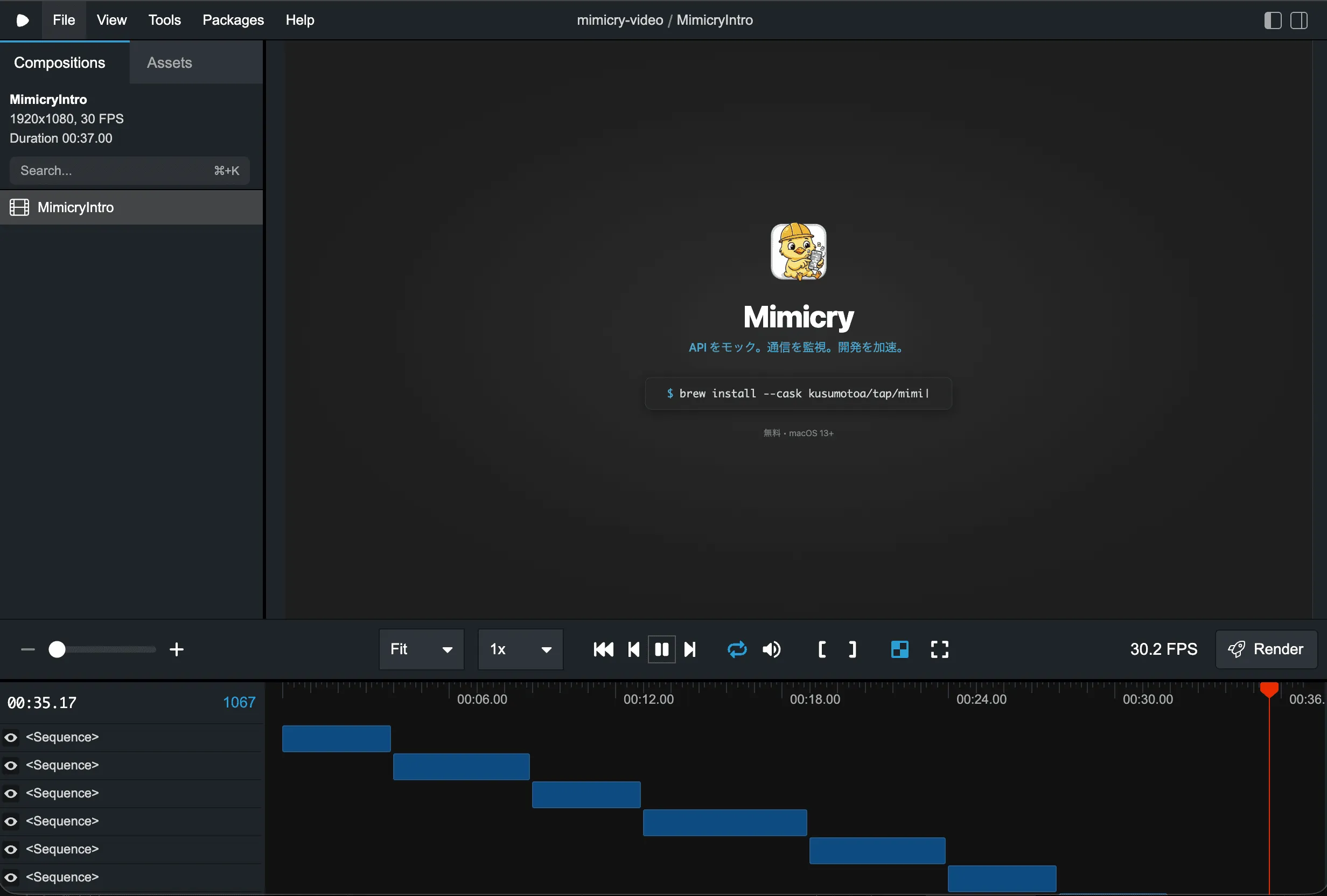 Remotion Studio のプレビュー画面。タイムライン上で各シーンの配置を確認しながら動画を編集できる