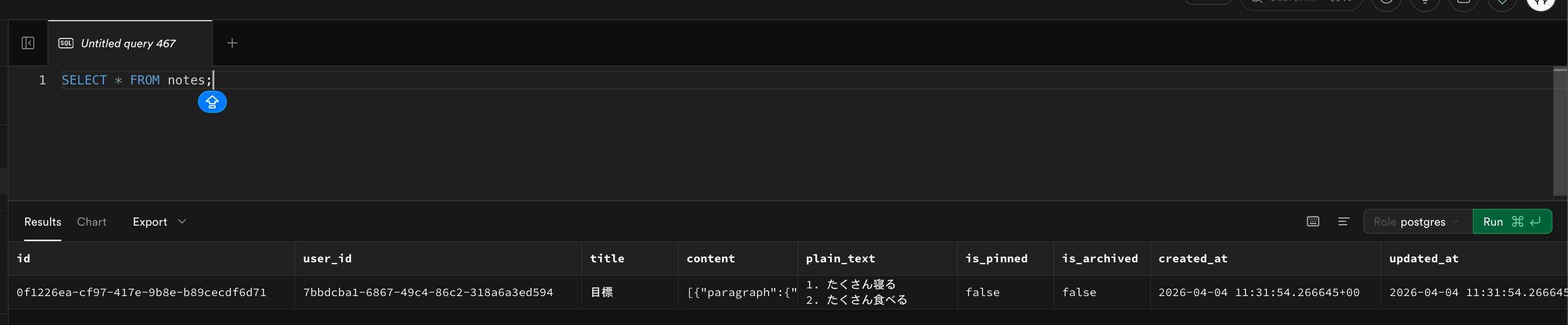 Supabase Local の SQL Editor。本番と同じ UI でクエリを実行し、保存されたノートデータを確認できる