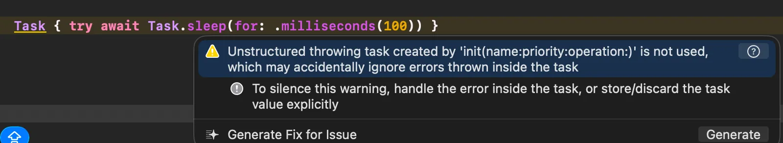 NoUseUnstructuredThrowingTask 警告の Xcode 表示
