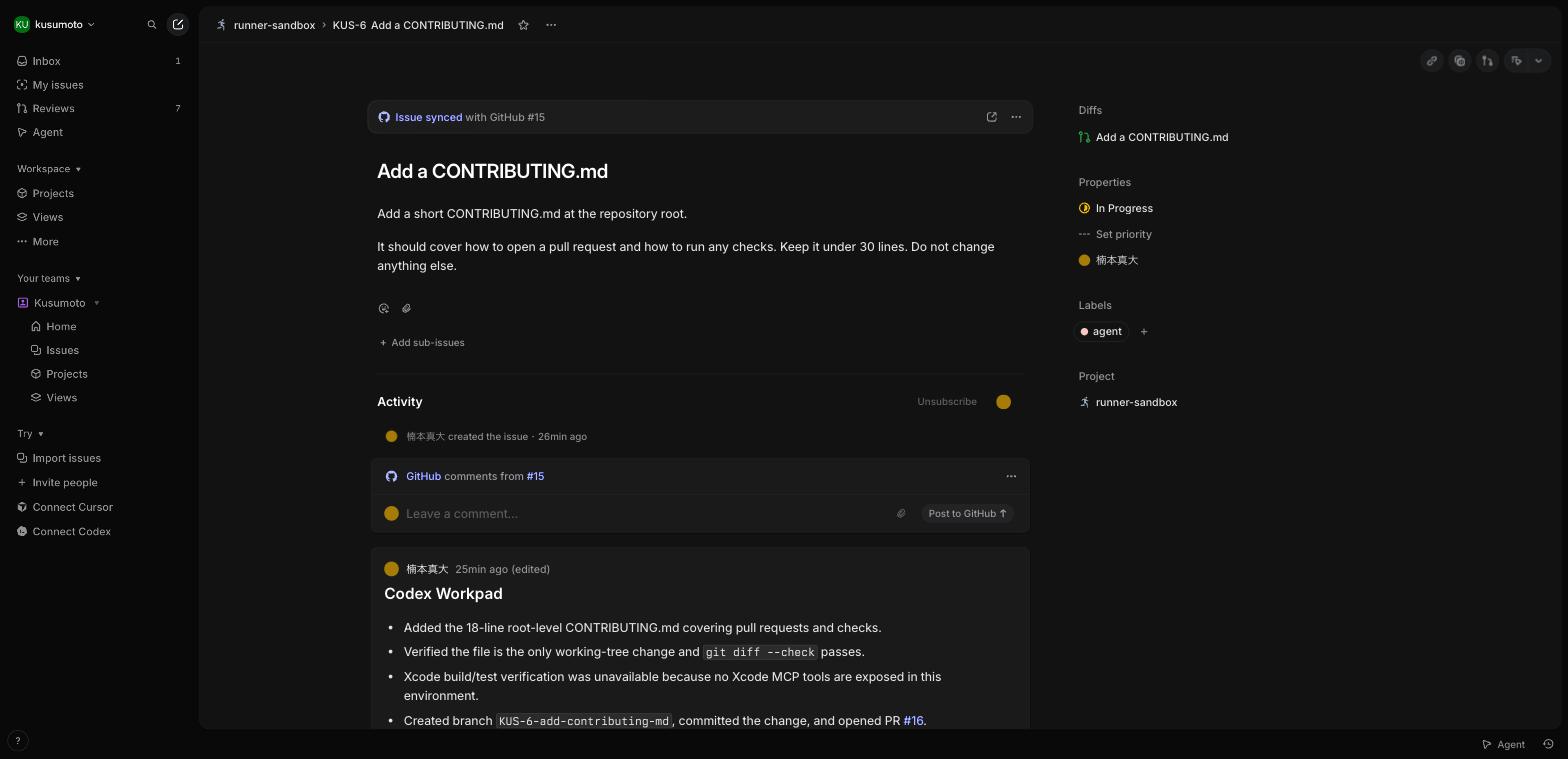 Codex Workpad に進捗が書かれ、PR がボードに紐づいている
