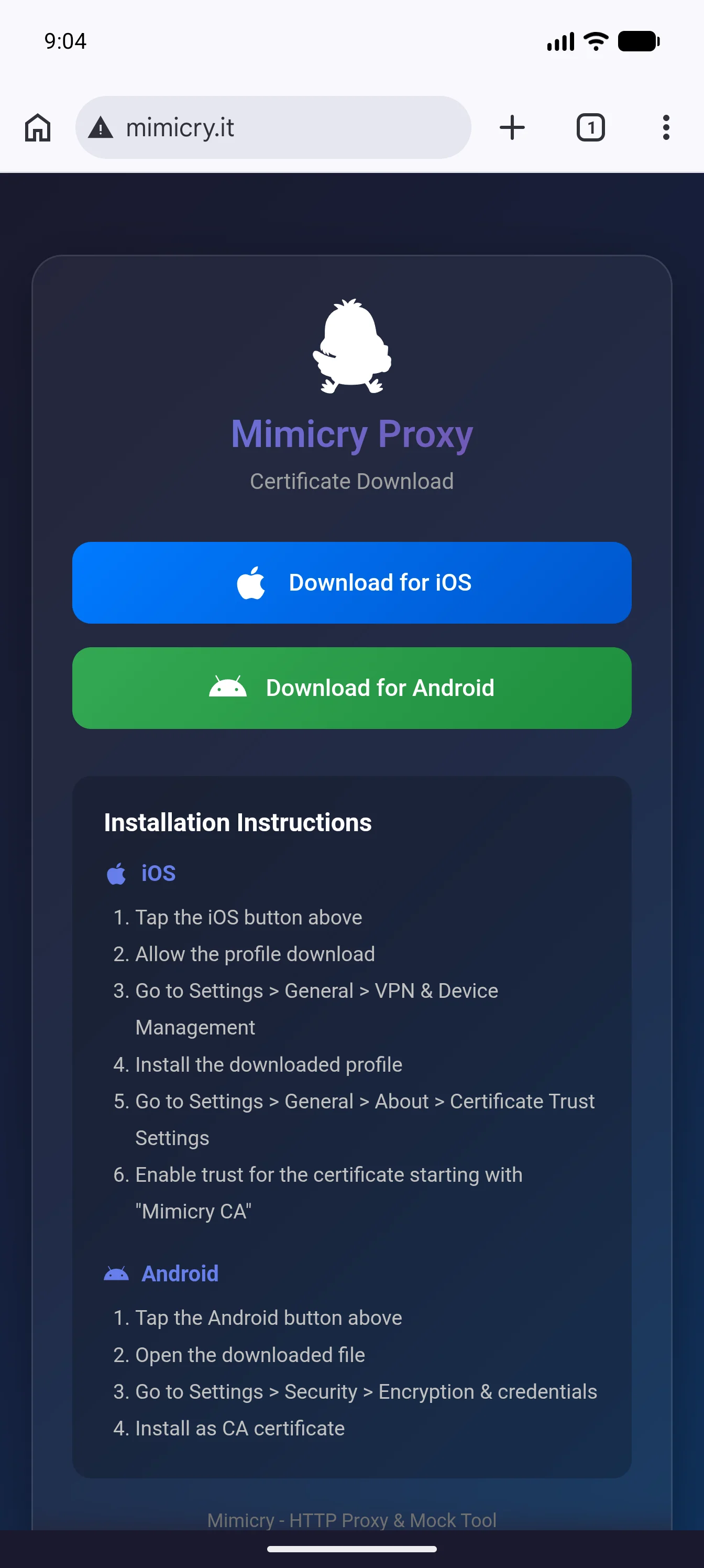 Scan the Mimicry QR code and open it in a browser