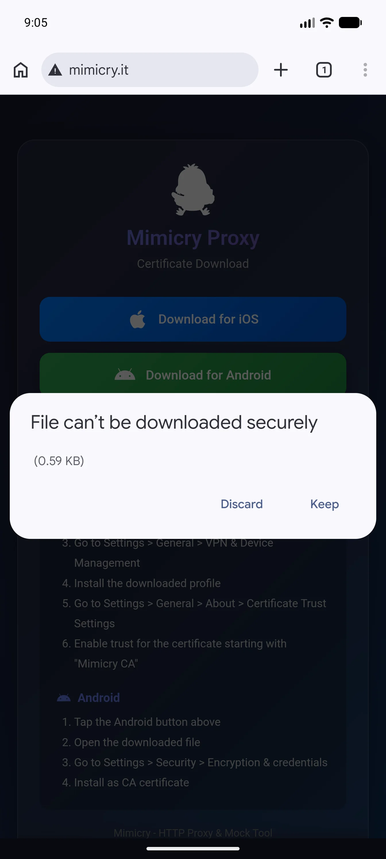 Tap the Android button to download the certificate