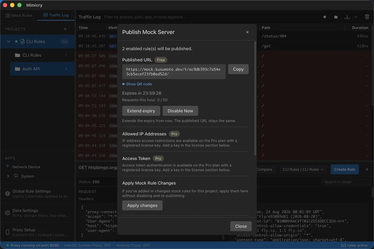 The Publish Mock Server modal after publishing, showing the public URL with a Free badge and a copy button, a link to show the QR code, a countdown to the expiration, the number of requests per hour, Extend and Disable now buttons, and an Apply changes button for the mock rules