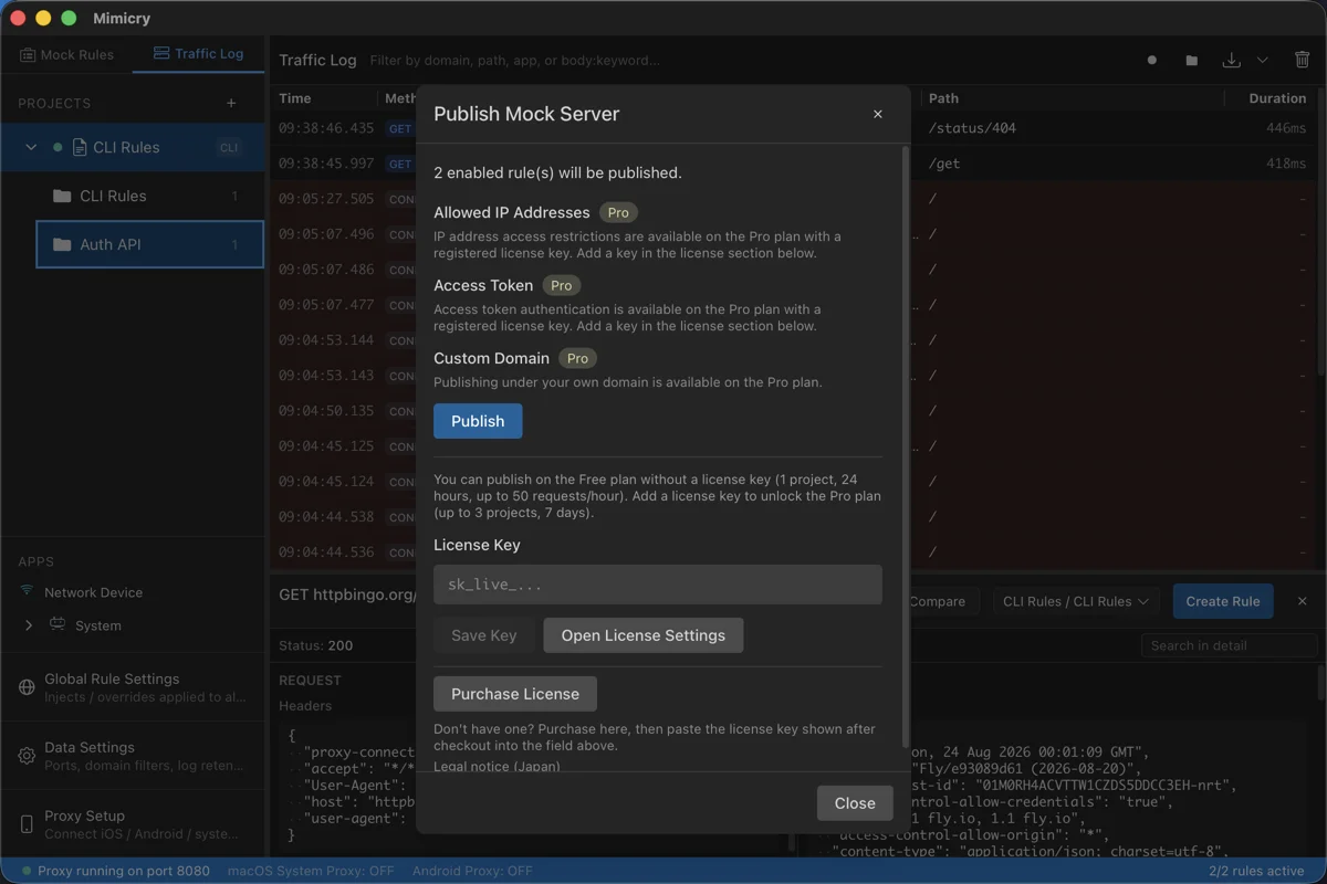 The Publish Mock Server modal before publishing. Under "1 enabled rule will be published," the allowed IP addresses, access token, and custom domain are described with Pro badges, followed by the Publish button, the free-tier conditions, and a license key input field