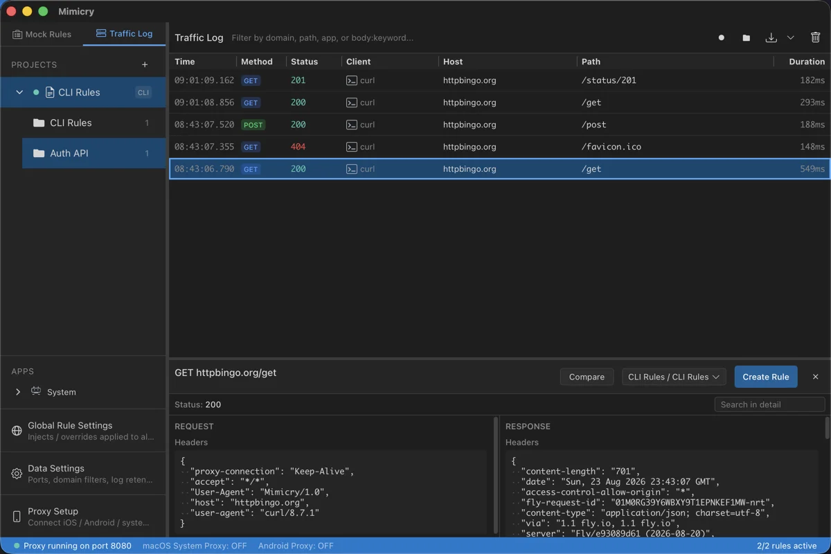 The Create Rule button in the detail panel; clicking it auto-generates a mock rule from the traffic log