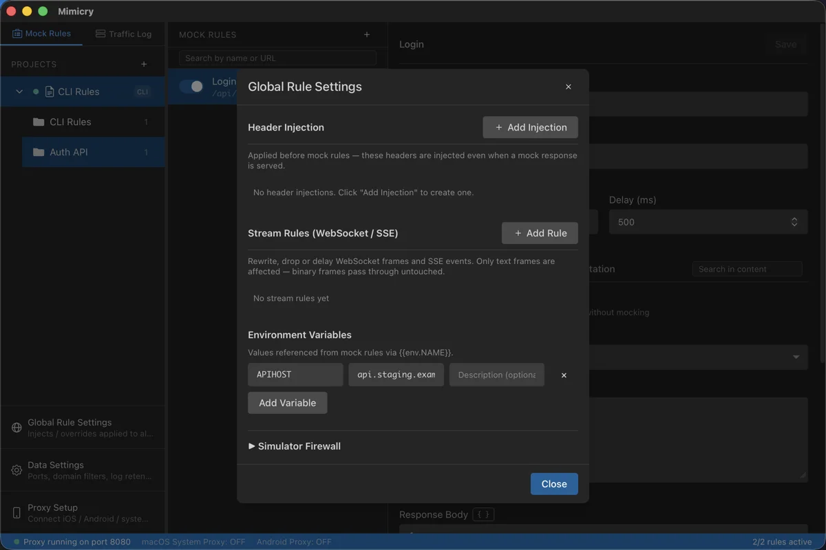 The Environment Variables section of the Global Rule Settings modal, describing values you can reference from a mock rule with {{env.NAME}}, with a row holding the key APIHOST and the value api.staging.example.com next to an Add Environment Variable button