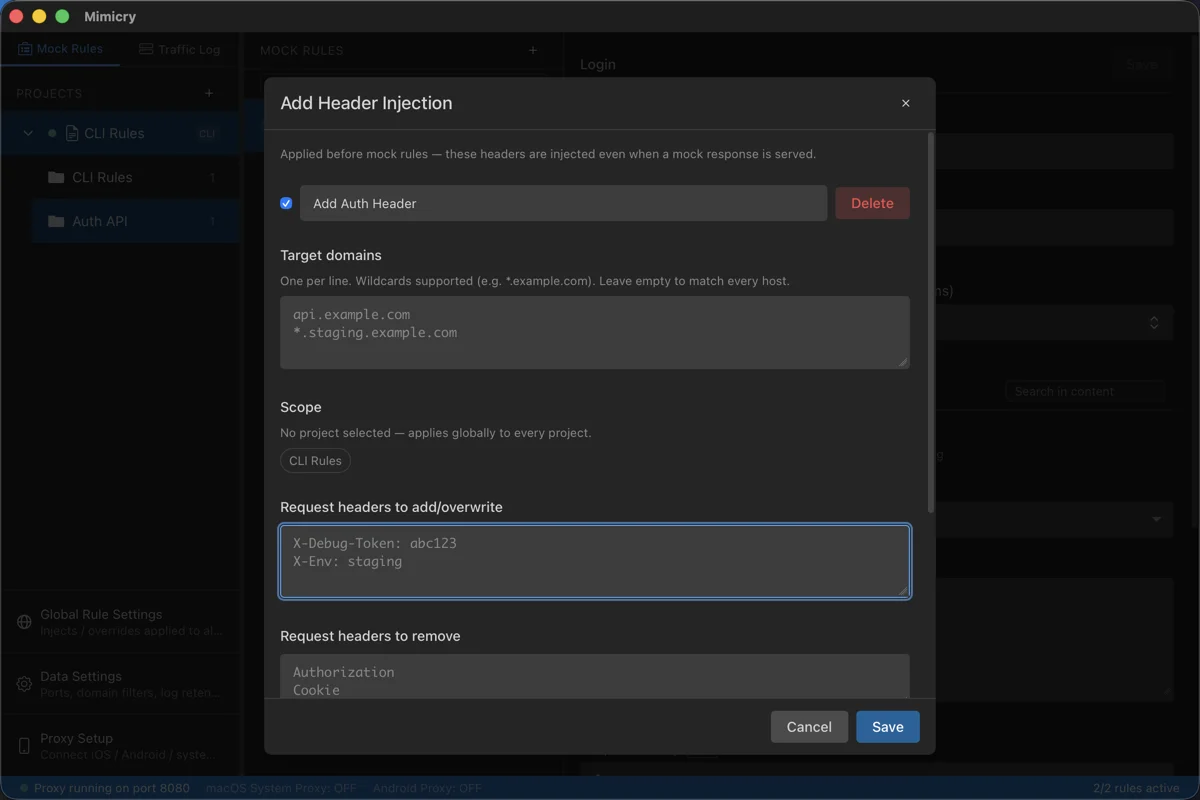 The Add Header Injection form, with fields for the name, target domains (wildcards supported), project scope selection, headers to add or overwrite on requests, and headers to remove from requests