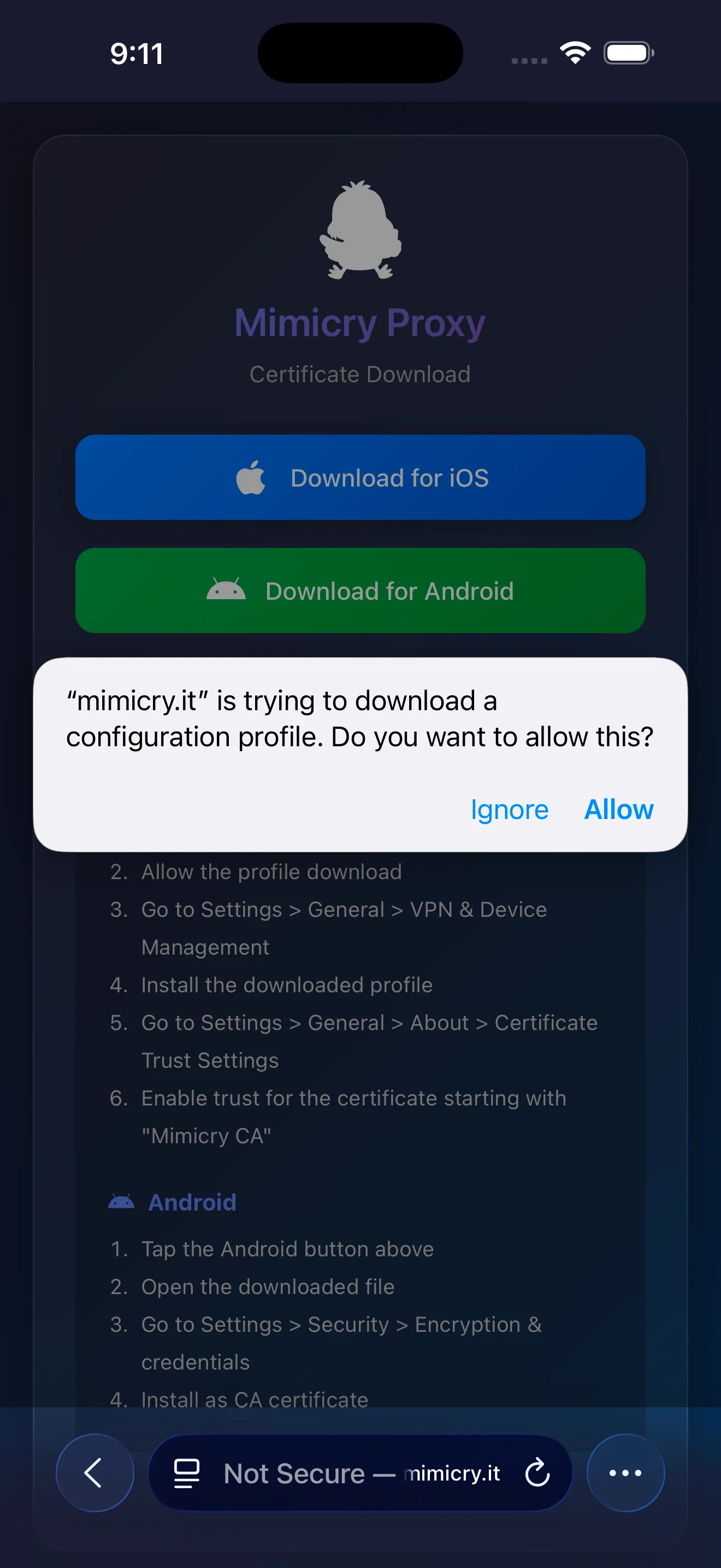 Tap the iOS button to download the certificate