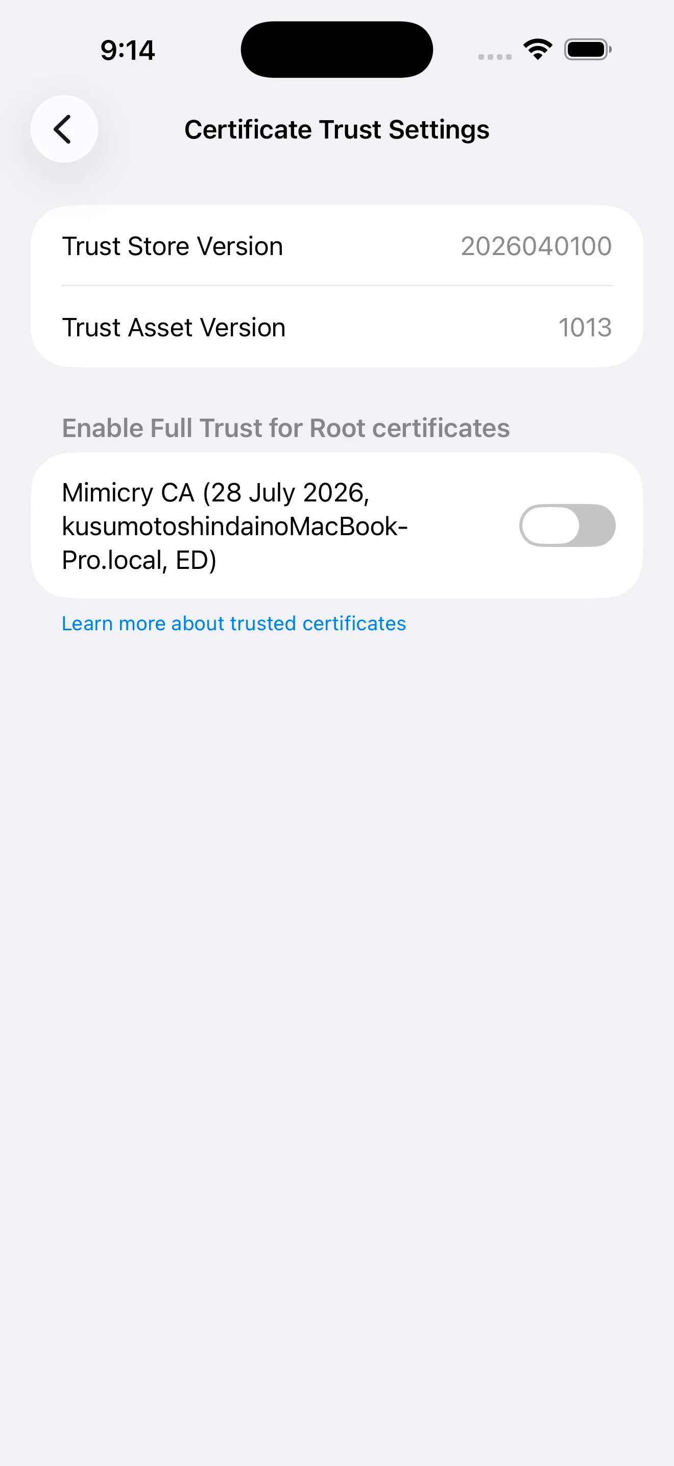 Settings > General > About > Certificate Trust Settings