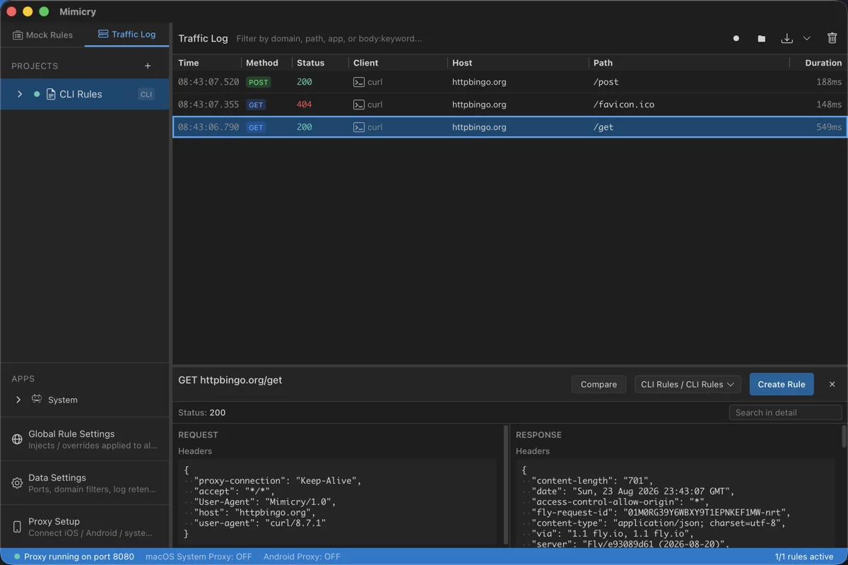 The traffic log detail panel, showing the headers and body of the request and response