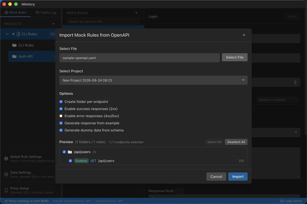 OpenAPI import screen showing a preview of folders and rules after selecting a file