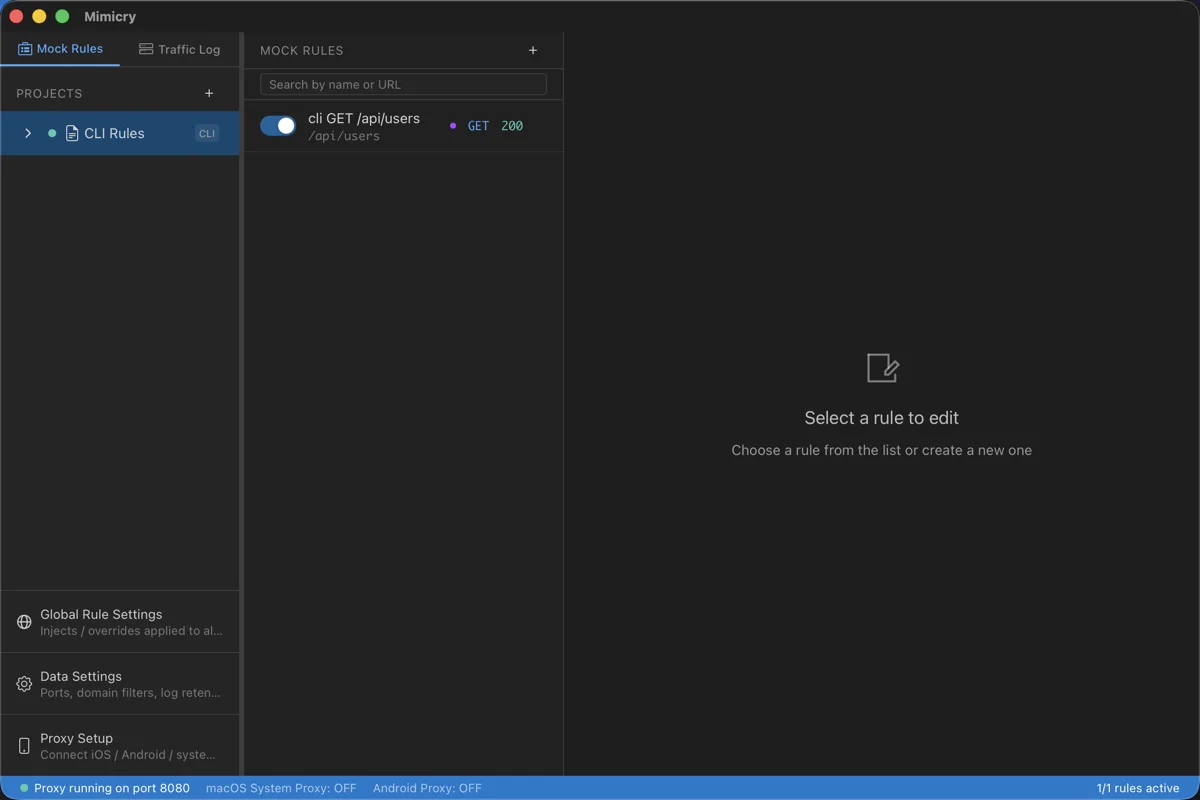 Overview of the Mimicry app: a mock rule tree view on the left, the rule editor in the center, and the traffic log on the right