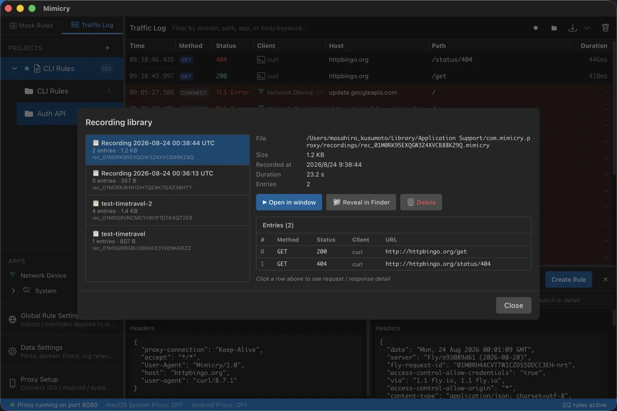 Recording library, where you can see the list of recordings and the details of each one (entry count, file size, traffic log)