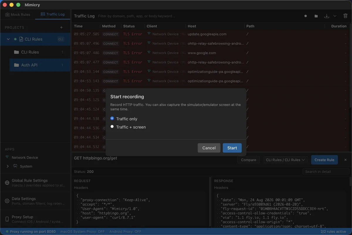 Recording start dialog, where you can choose between two modes: traffic only, and traffic + screen recording