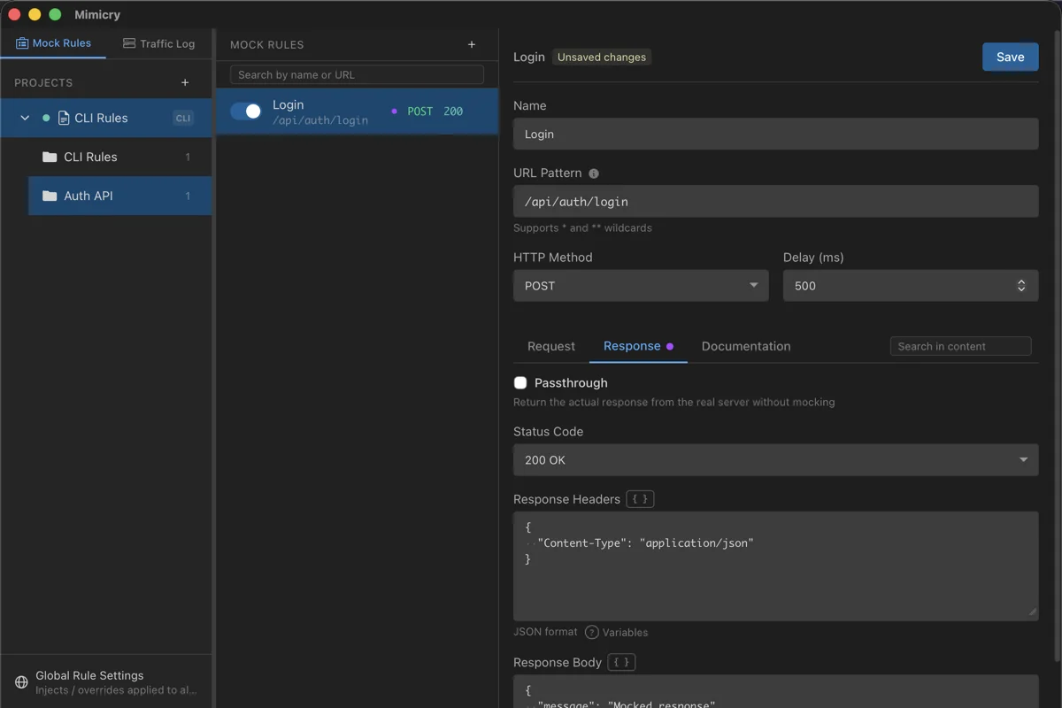 The mock rule editor. The Response tab has a Pass-through checkbox, followed by the status code (200 OK) and response header fields, with Delay (ms) set to 500 at the top