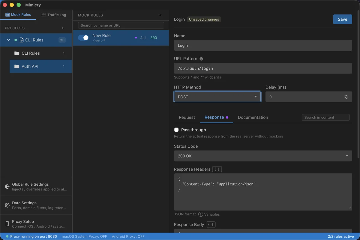 The mock rule editor showing setting fields for the URL pattern, HTTP method, status code, and response body