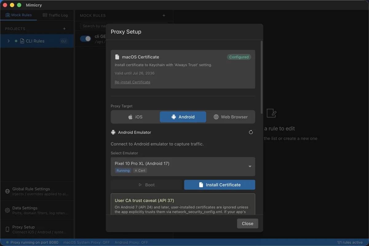 Proxy Settings panel for Android, showing the emulator selection and the SDK path setting