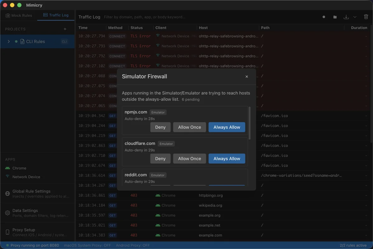 Confirmation dialog in "Ask before allowing" mode listing 6 pending hosts, each row showing the host name with a Simulator badge for its origin, a countdown until automatic denial, and Deny / Allow once / Always allow buttons
