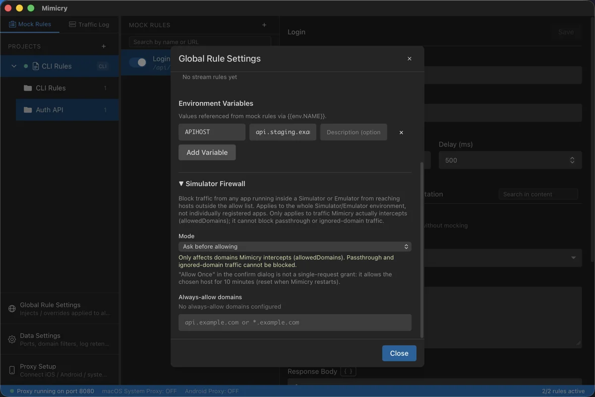 Simulator/Emulator firewall settings screen with the mode set to "Ask before allowing"