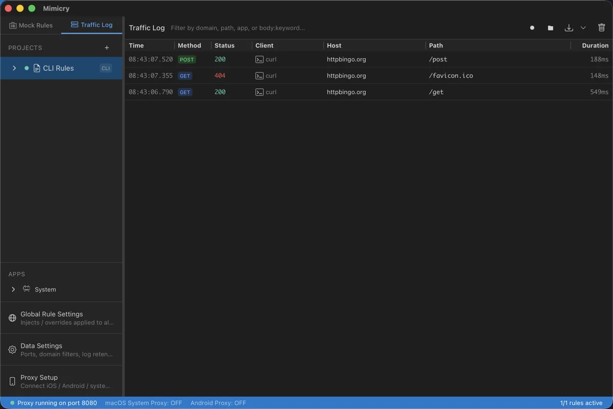 The traffic log screen, showing a list of HTTP requests with their time, method, status, client, host, path, and duration