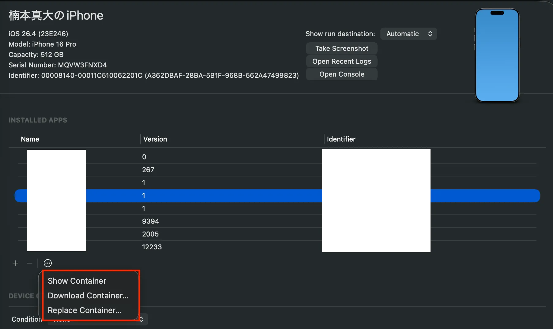 Devices and Simulators ウィンドウの Installed Apps から Download Container を選んでいる様子